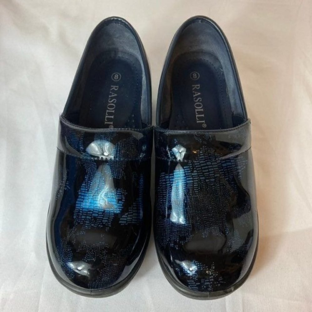 Womens‎ Rasolli Liquid Black Blue Patent Clog 7.5